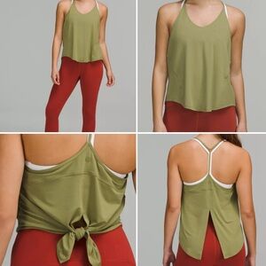 Lululemon Earthy Green Modal-Silk Yoga Open/Tie Back T-Strap Flowy Tank Top | 6